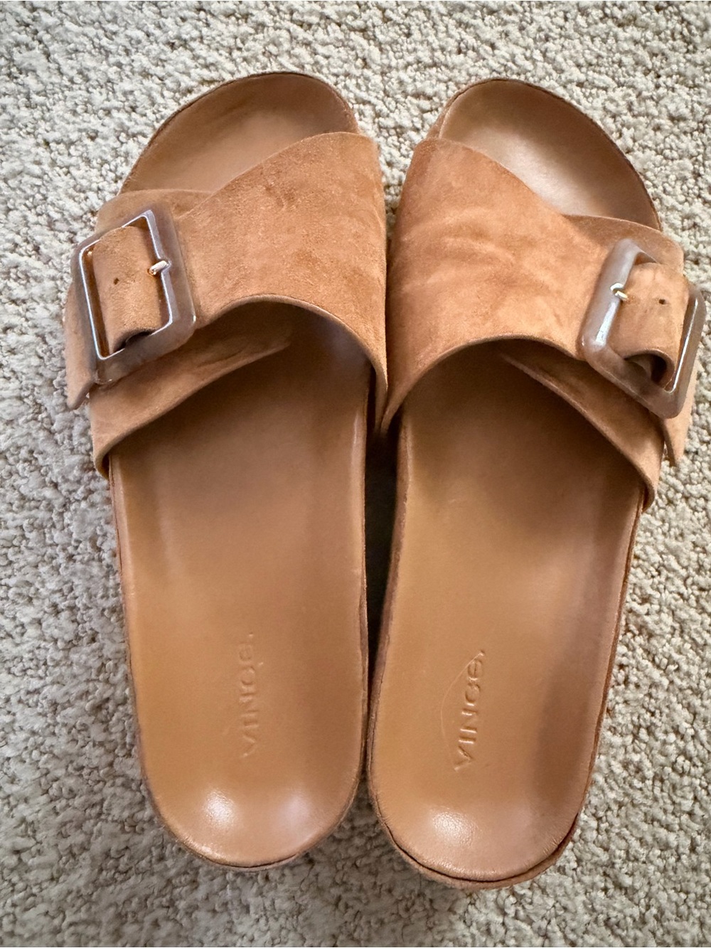 Vince Tan Suede Single-Buckle Slide Sandals
